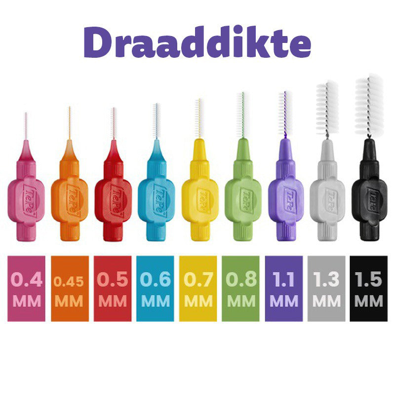 TePe ragers Original overzicht draaddiktes 0,4 tot 1,5 mm met kleurcodes