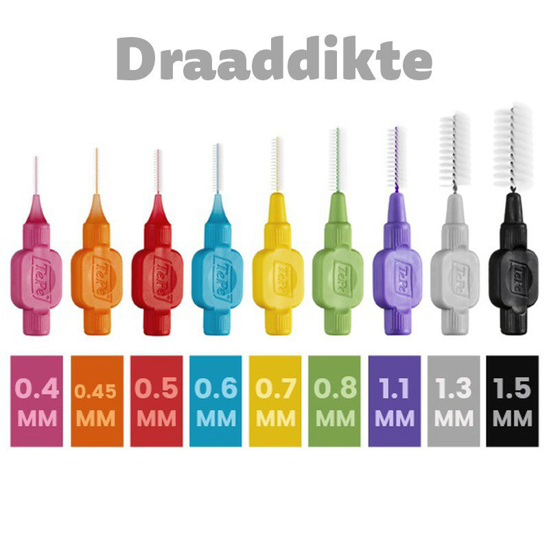 TePe ragers Original overzicht draaddiktes 0,4 tot 1,5 mm in kleuren