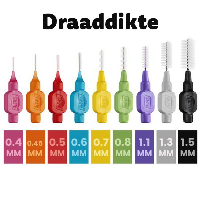 TePe Interdentale ragers Original overzicht draaddiktes van 0,4 tot 1,5 mm