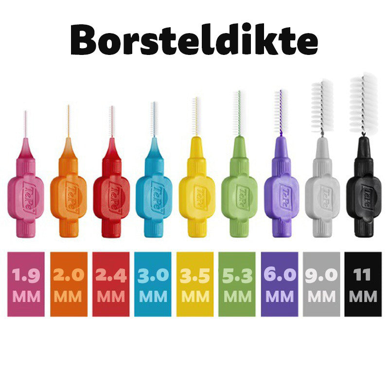 TePe interdentale ragers Original overzicht borsteldiktes van 1,9 tot 11 mm