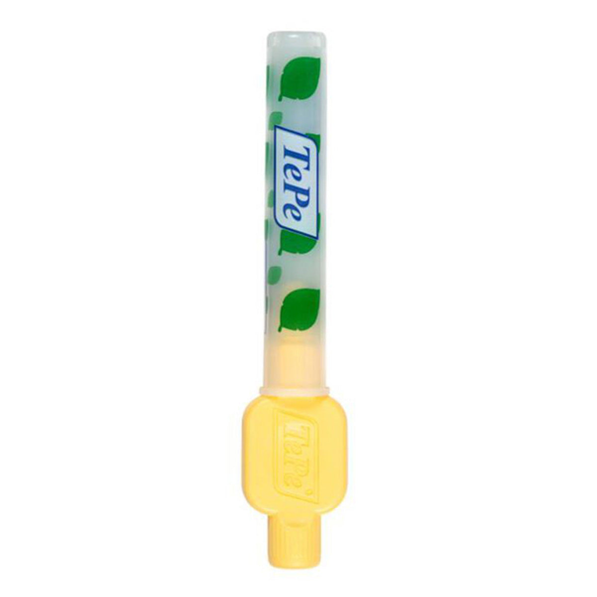 TePe Interdentale ragers X-soft geel 0,7mm close-up met bladmotief op steel