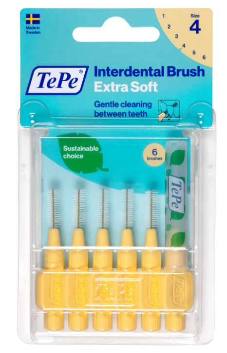 TePe Interdentale ragers X-soft geel 0,7mm verpakking met zes ragers zichtbaar