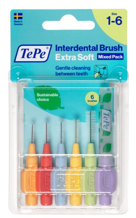 TePe Interdentale ragers X-soft assorti verpakking met zes kleurrijke ragers zichtbaar