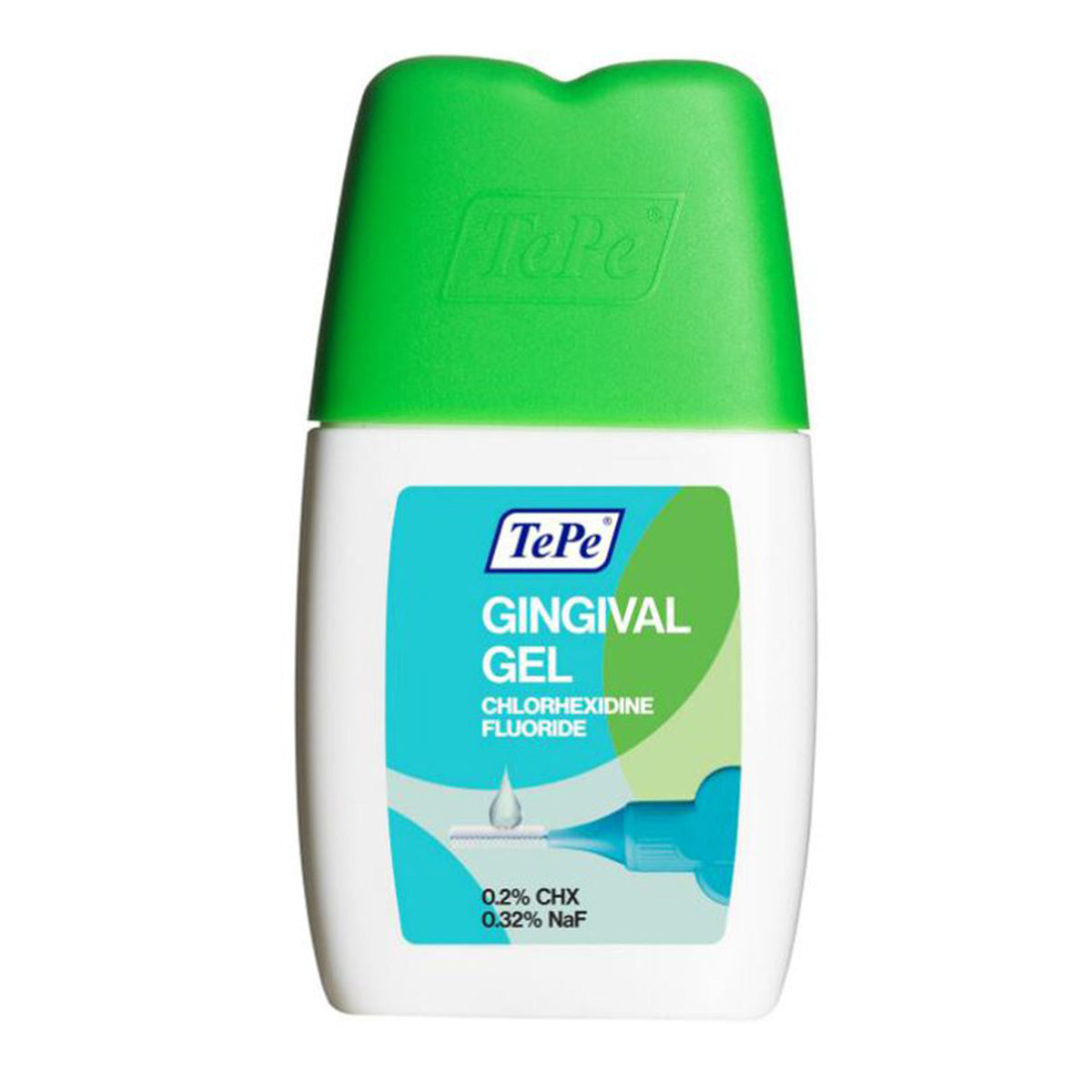 TePe Gingival Gel flesje met groene dop, close-up van etiket