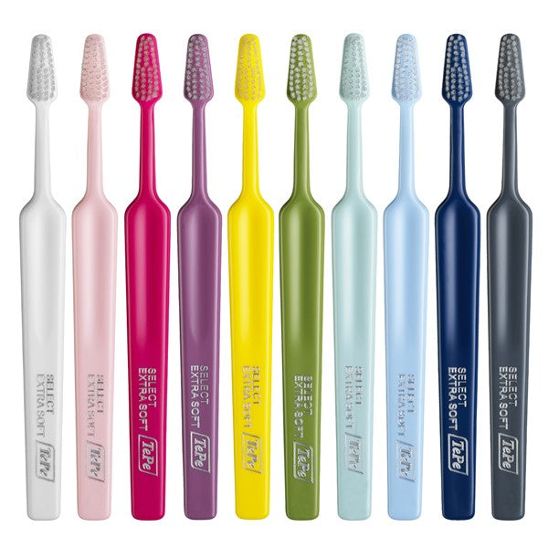 TePe Tandenborstel Select X-soft in tien verschillende kleuren op een rij