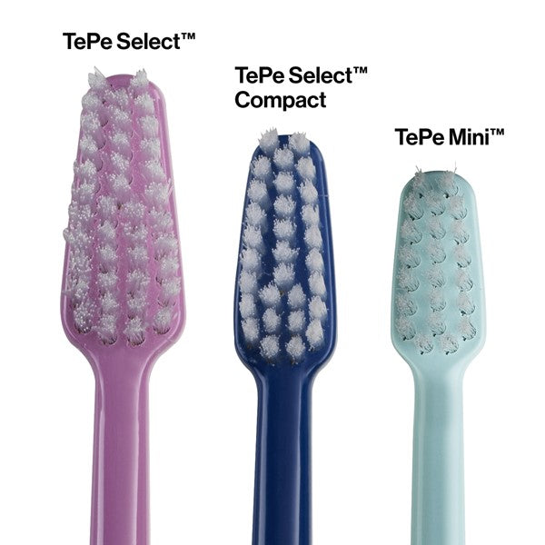 Tepe tandenborstels Select, Select Compact en Mini naast elkaar in maat vergeleken