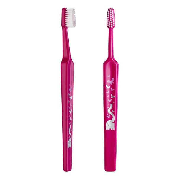 TePe Tandenborstel Kids soft Blister roze met olifant- en vlinderprint voor en achter