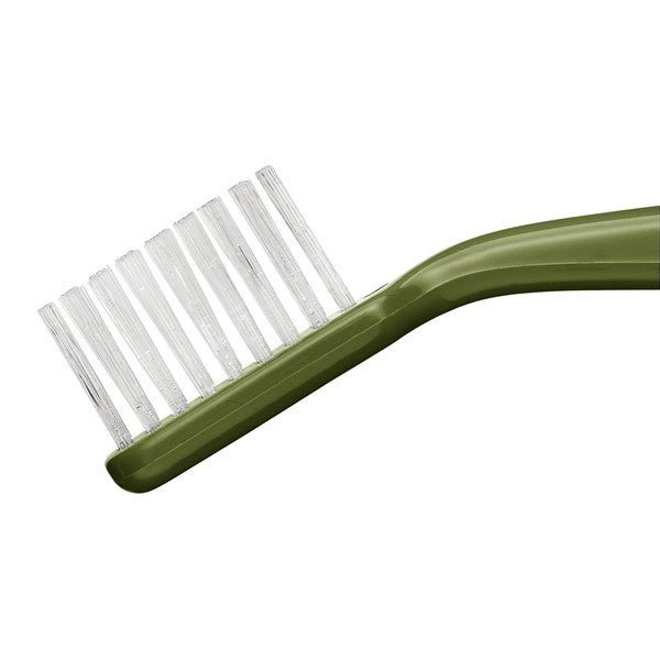 TePe Prothese tandenborstel detailopname van kop met witte haren en groene steel