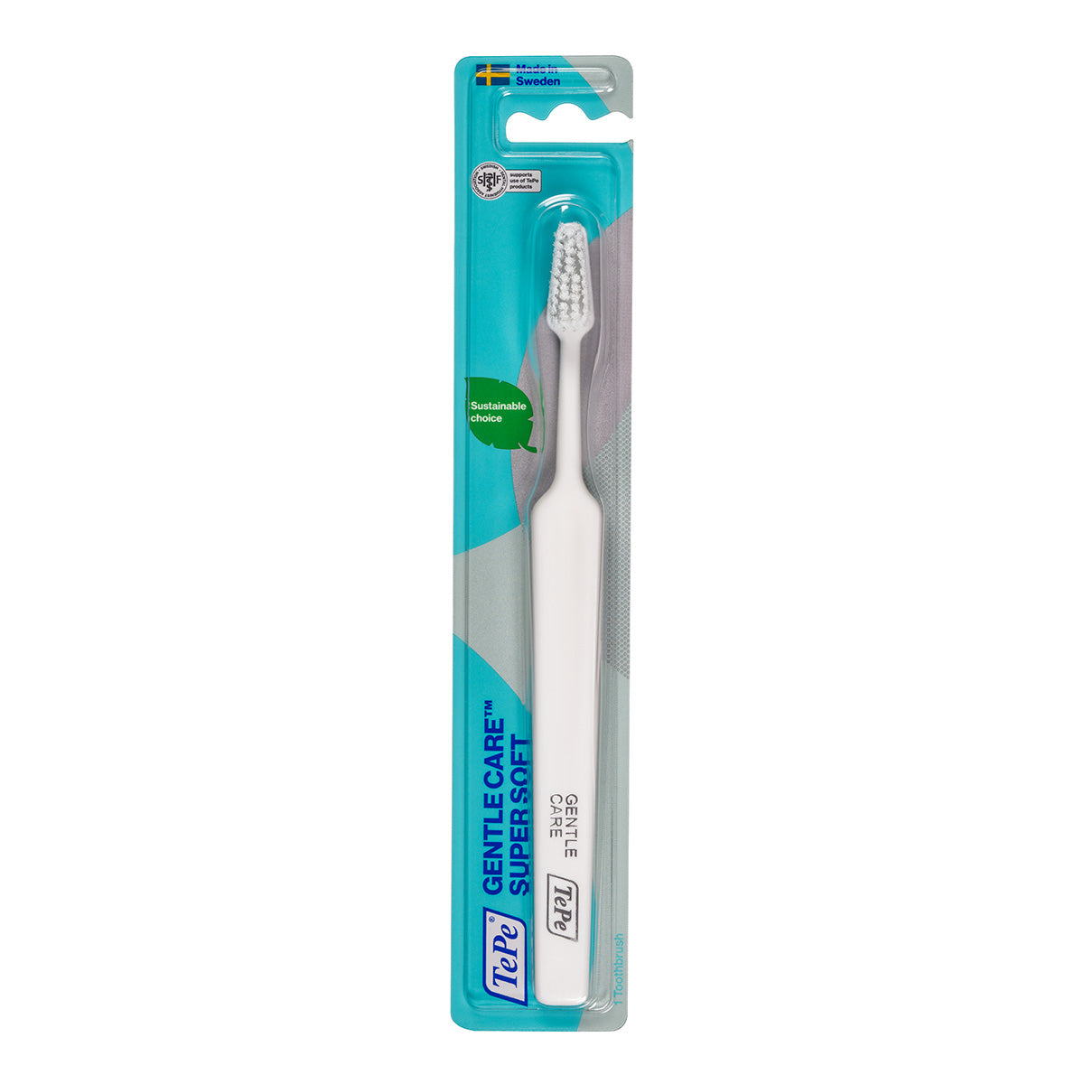 TePe Gentle Care Tandenborstel super soft in verpakking, witte handgreep