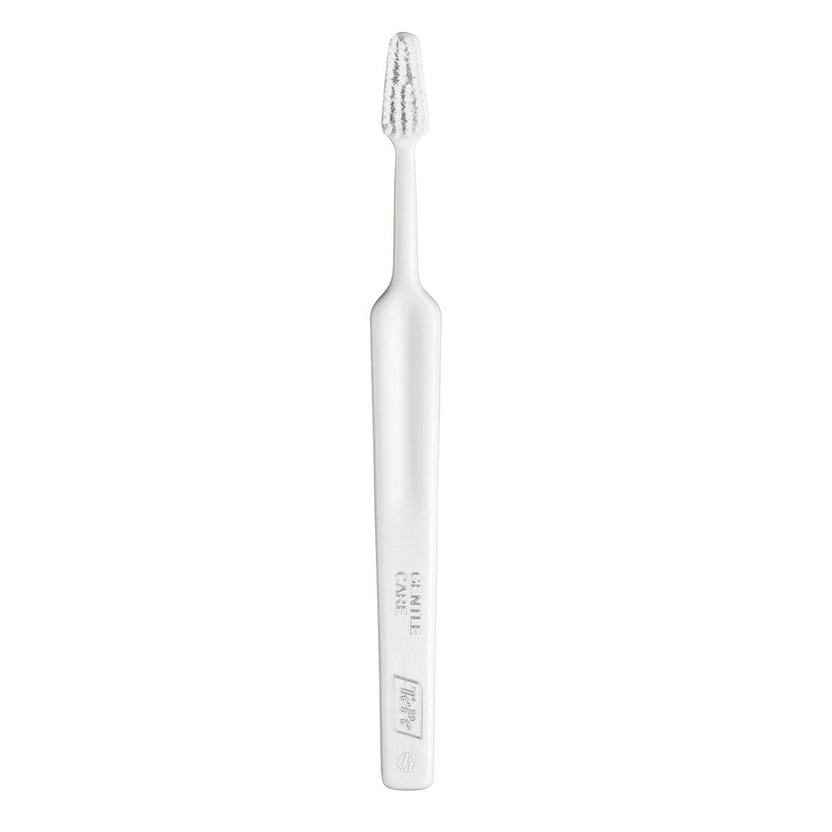 TePe Gentle Care Tandenborstel witte handgreep met opdruk in close-up