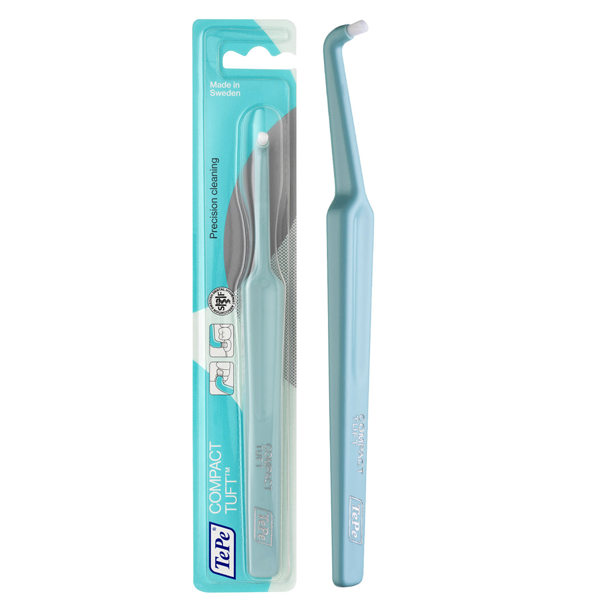 TePe Compact Tuft tandenborstel in blauwe verpakking naast losse borstel