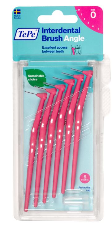 TePe Angle interdentale ragers roze 0,4mm verpakking met zes ragers en beschermdopje