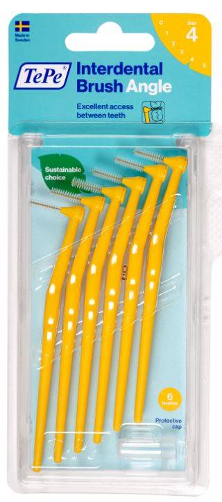 TePe Angle Interdentale ragers geel 0,7mm verpakking met zes ragers en beschermdopje