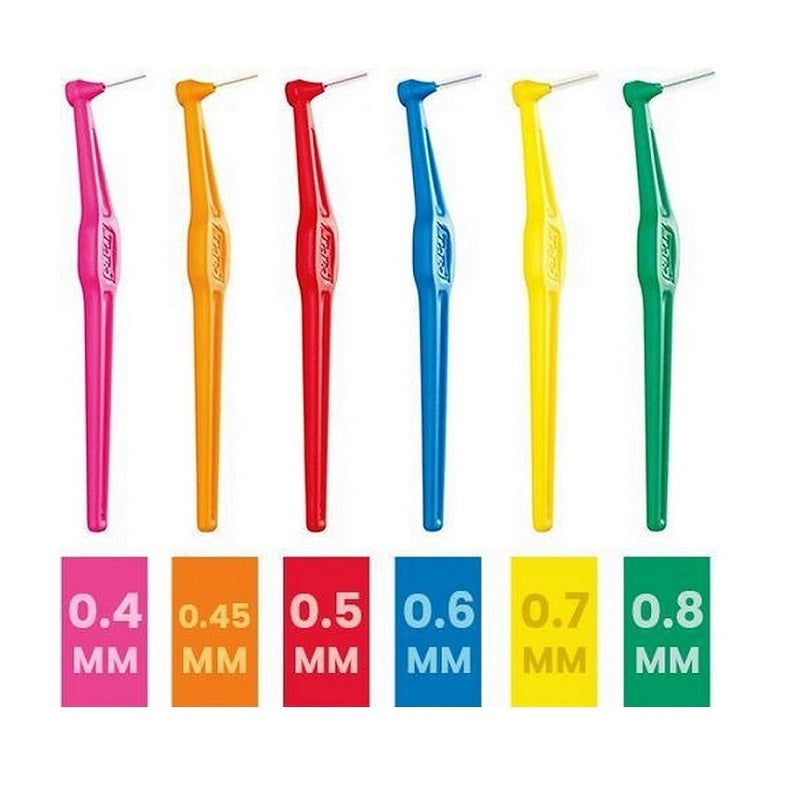 TePe Angle interdentale ragers in zes kleuren met bijbehorende maatvoering 0,4 tot 0,8mm