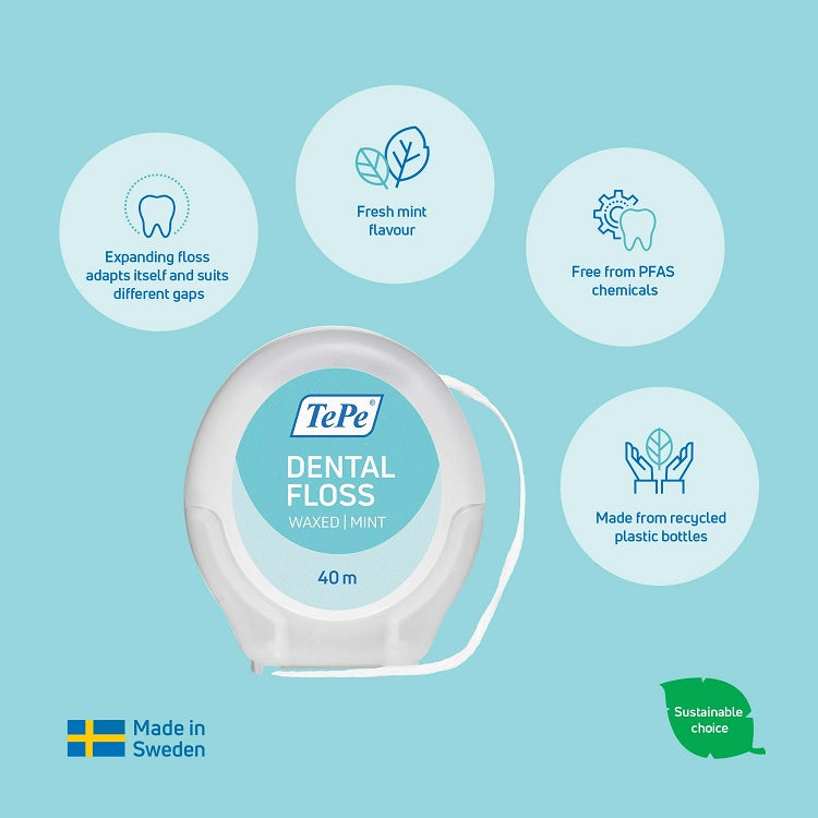Tepe Dental Floss Waxed Mint 40m met iconen van eigenschappen en voordelen