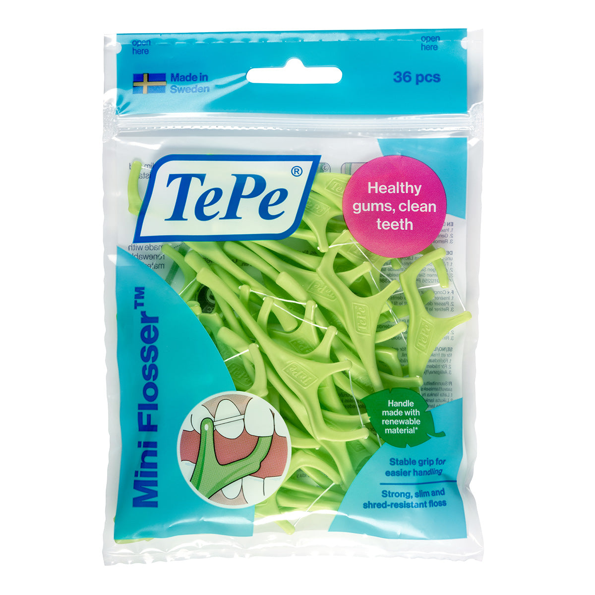 Tepe Mini Flosser verpakking met 36 groene flossers