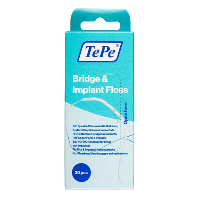 TePe Bridge & Implant Floss verpakking, turquoise doosje met 30 stuks floszijde