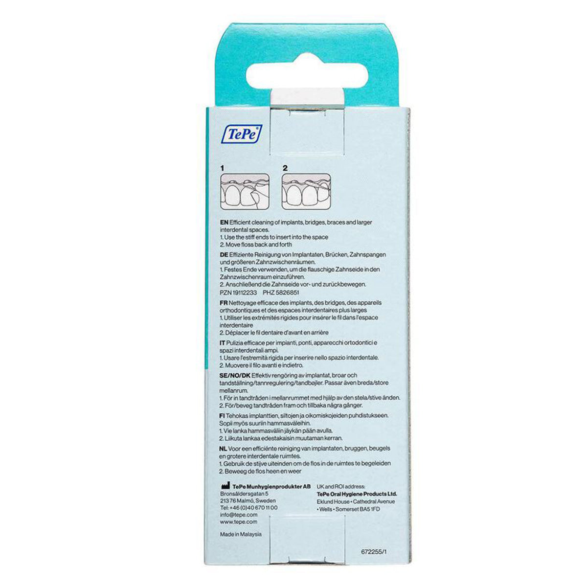 TePe Bridge & Implant Floss achterkant verpakking met gebruiksinstructies in meerdere talen