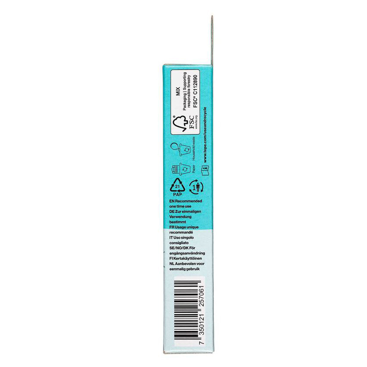 TePe Bridge & Implant floss verpakking zijkant met FSC-logo en gebruiksinstructies