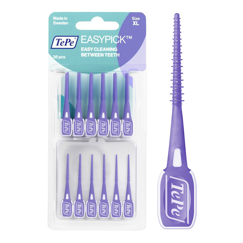 TePe EasyPick XL paarse interdentale rager, verpakking met 36 stuks en detailfoto