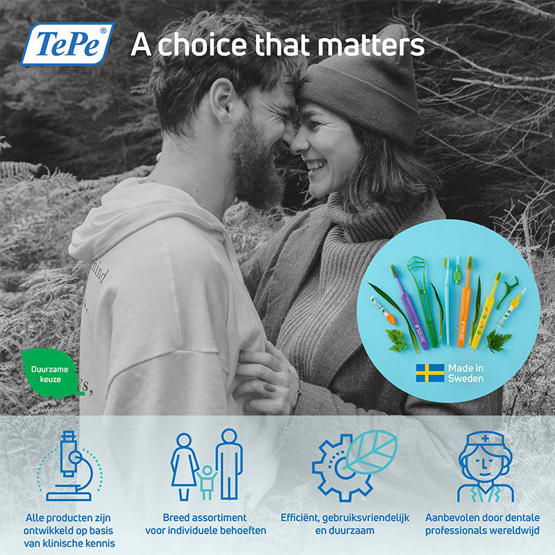 TePe EasyPick Medium/Large infographic met duurzaamheid en gebruiksvoordelen in Zweden gemaakt