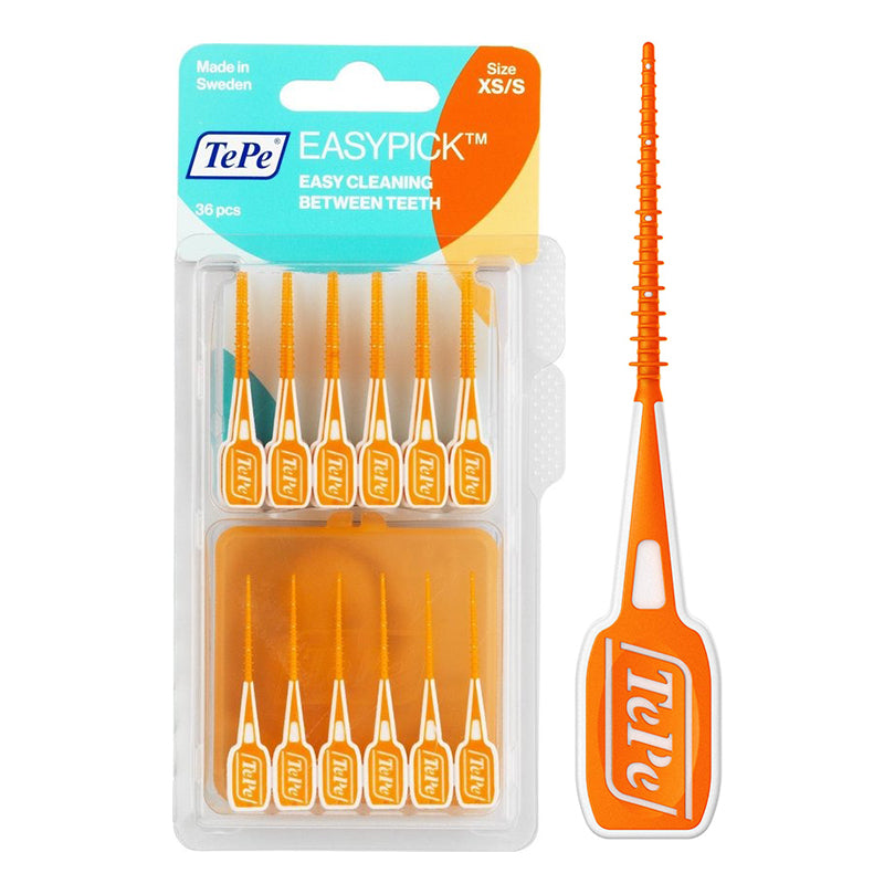 TePe EasyPick X-small/Small oranje blisterverpakking met 36 stuks en uitvergroting