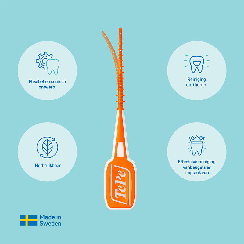 TePe EasyPick X-small/Small infographic met voordelen zoals flexibel, herbruikbaar en effectieve reiniging