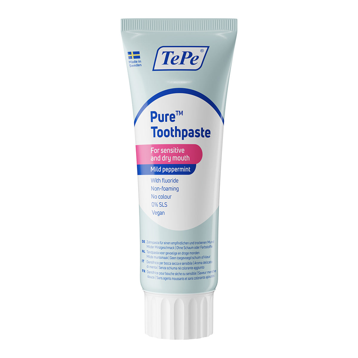 TePe Pure tandpasta mild pepermunt sensitive, tube met witte dop rechtop