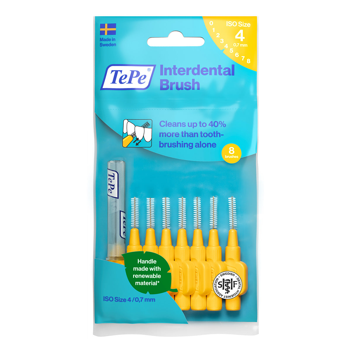 TePe Interdentale ragers Original geel 0,7mm verpakking met acht gele ragers
