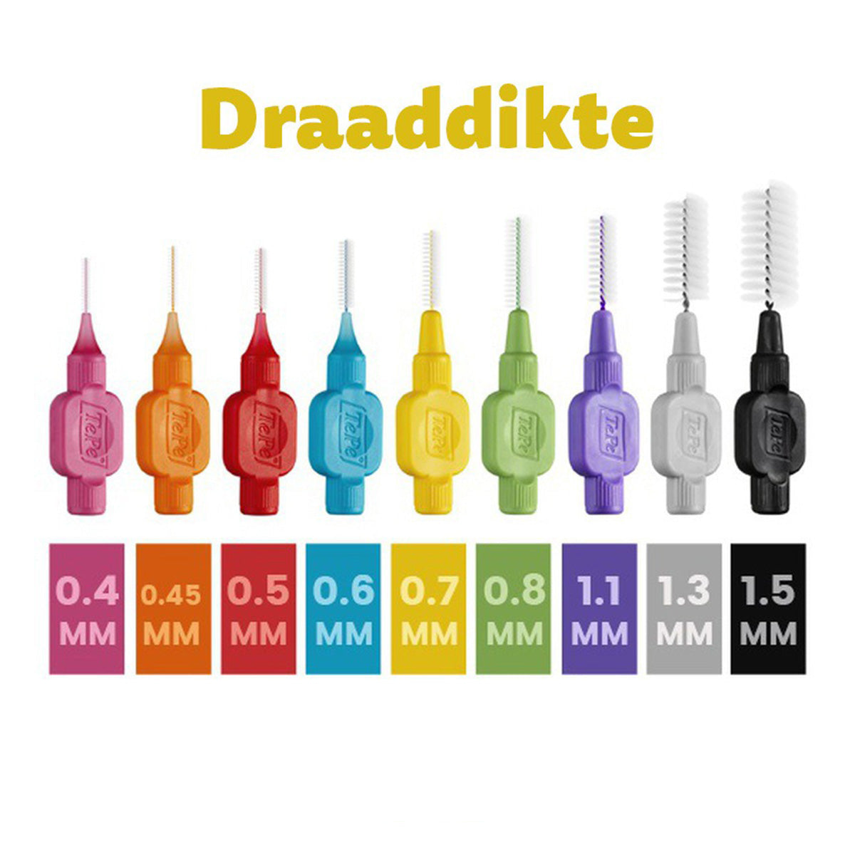 TePe Original ragers in negen kleuren met bijbehorende draaddiktes 0,4 tot 1,5 mm