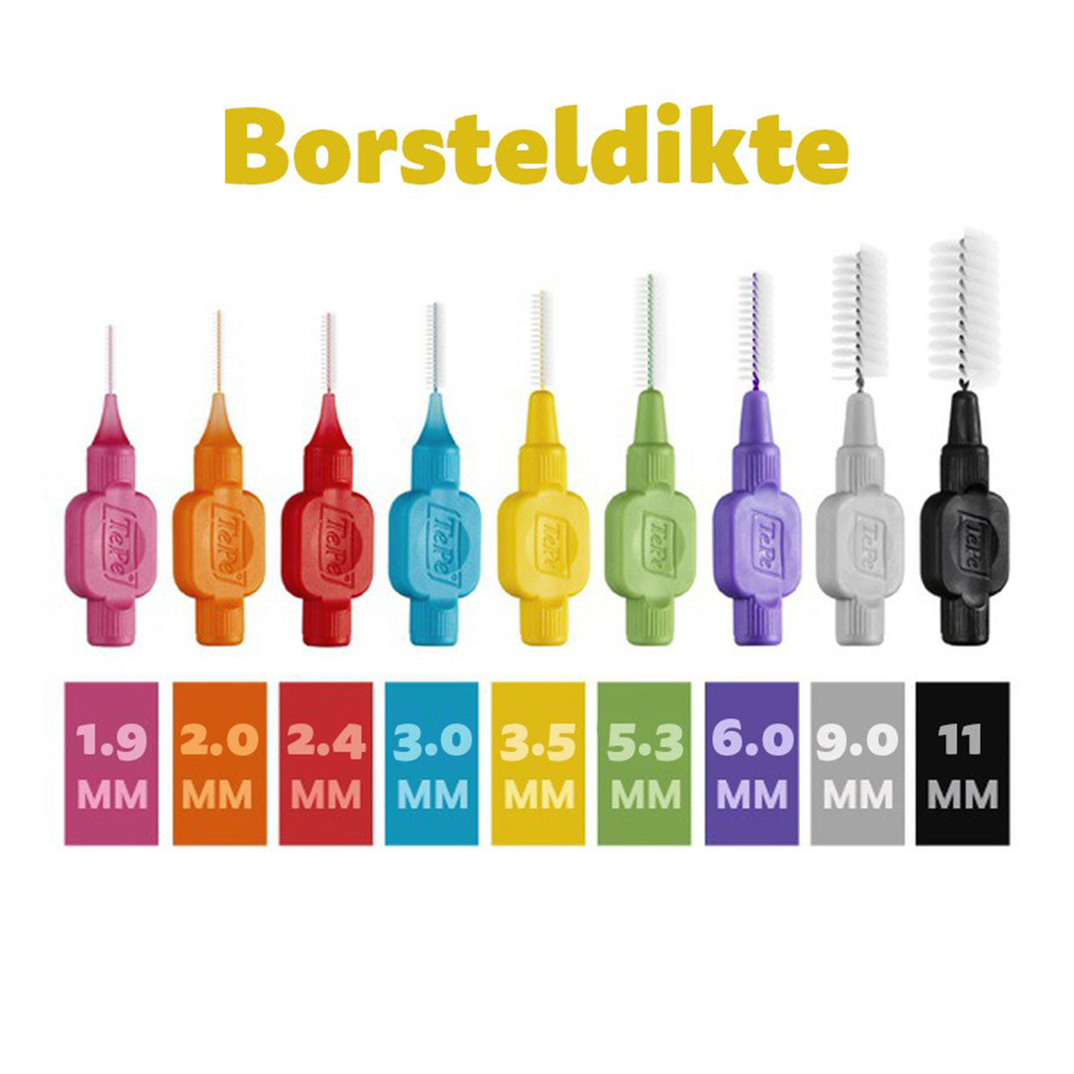 TePe Original ragers in negen kleuren met bijbehorende borsteldiktes van 1,9 tot 11 mm