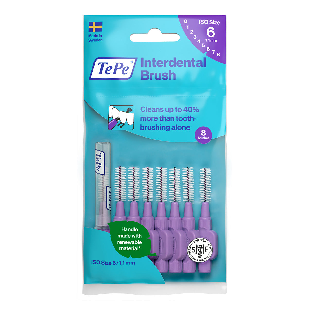 TePe Interdentale ragers Original lila 1,1mm verpakking met acht ragers en koker