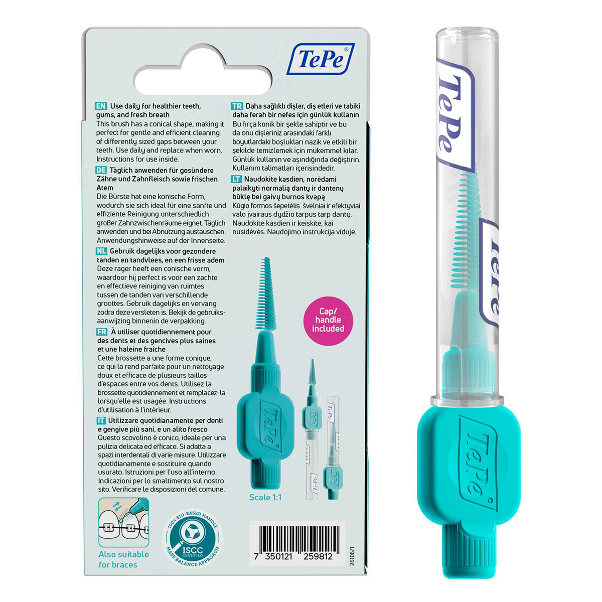 TePe EasyFit interdentale ragers S/M verpakking achterzijde met gebruiksinstructies en losse rager met dop