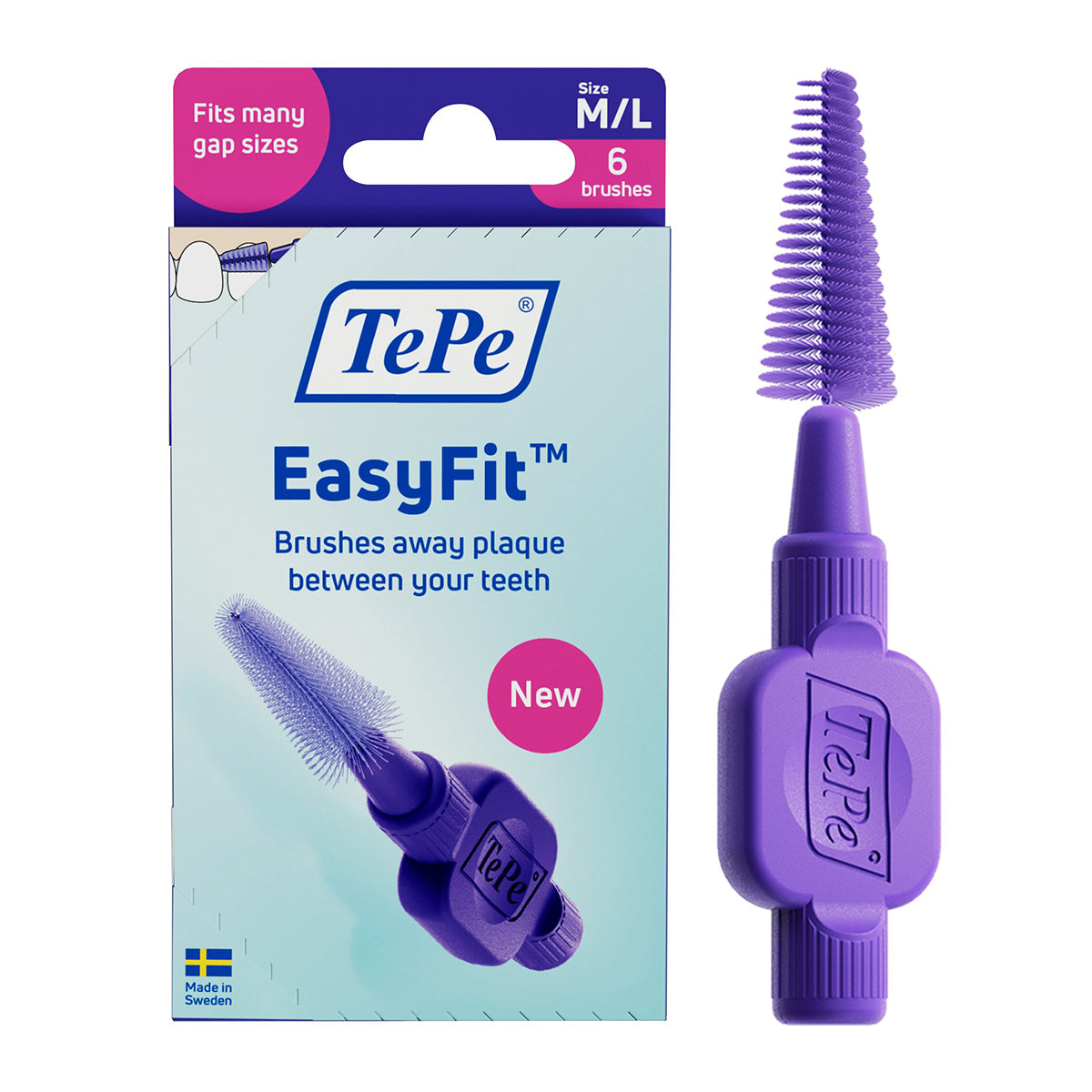 TePe EasyFit interdentale ragers M/L paars verpakking met 6 stuks naast rager