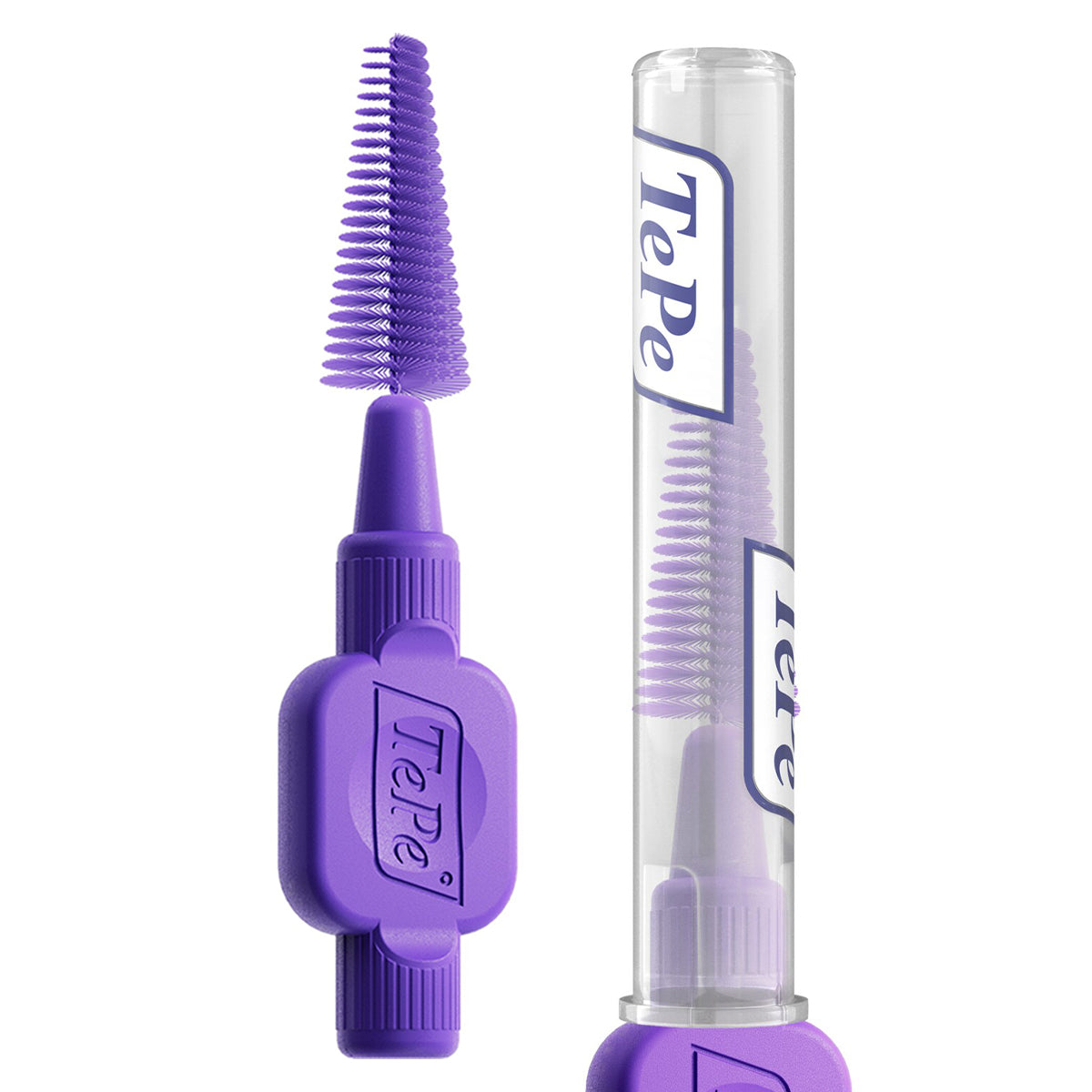 TePe EasyFit interdentale rager M/L paars naast doorzichtige verpakking