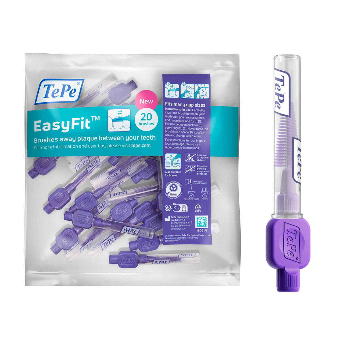 TePe EasyFit interdentale ragers M/L verpakking met 20 stuks en losse rager uitgelicht