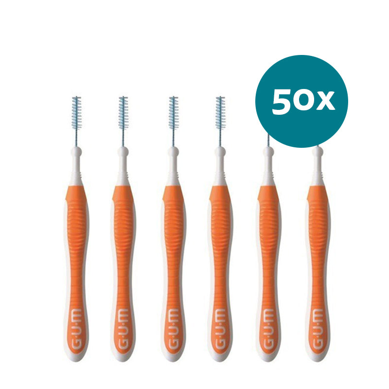 GUM Trav-Ler 0,9mm oranje ragers, zes stuks naast elkaar, verpakking van 50x