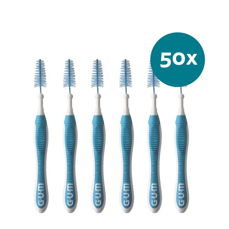 GUM Trav-Ler 1,6mm blauw ragers, zes stuks met blauwe ronde borsteltjes, 50x verpakking