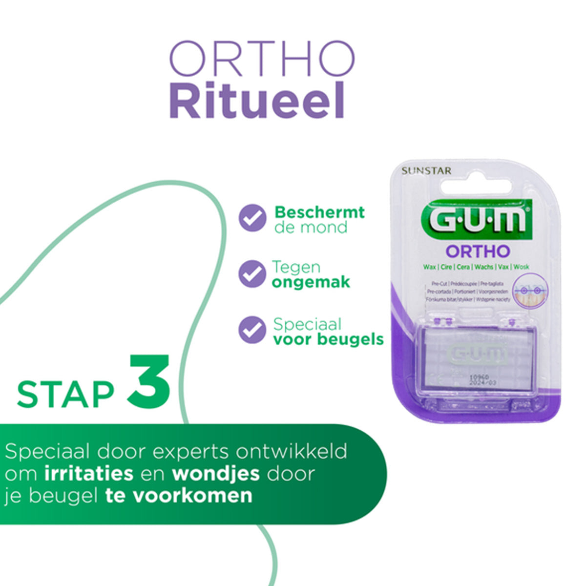 GUM Ortho wax verpakking met stap 3 van ortho ritueel tegen irritaties