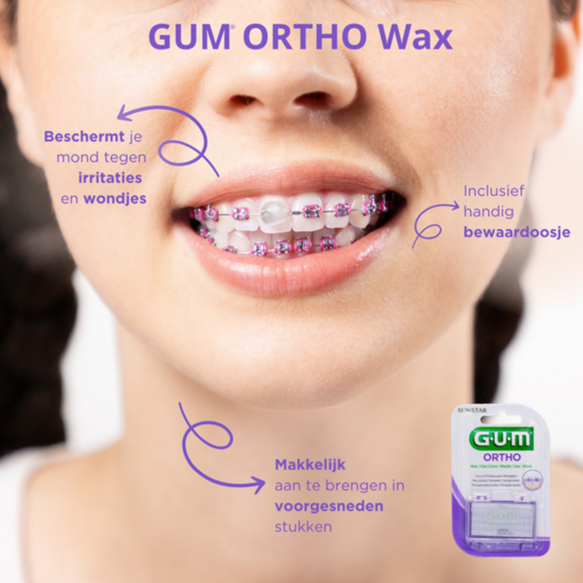 GUM Ortho Wax beschermt tegen irritaties, met bewaardoosje en voorgesneden stukken