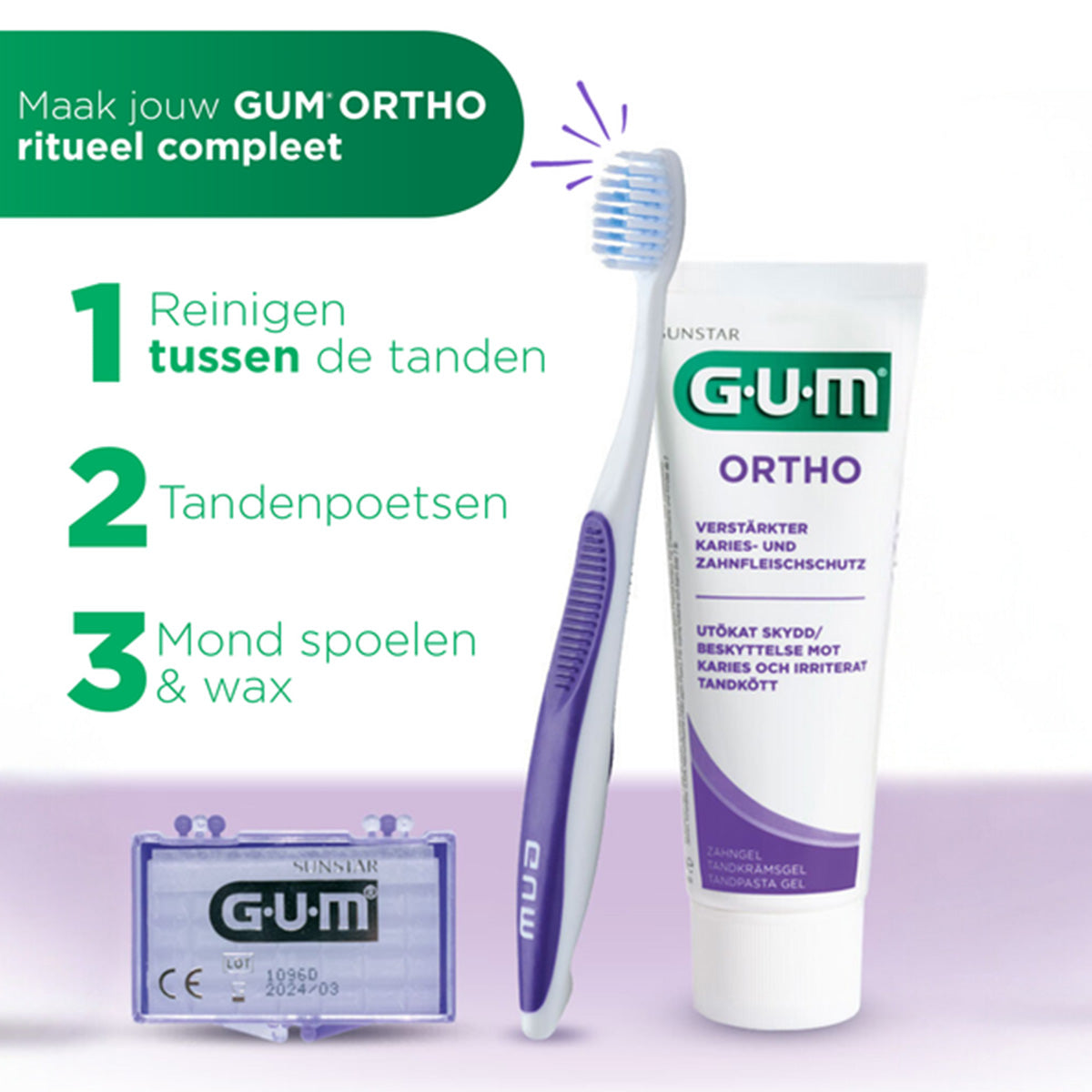 GUM Ortho wax stappenplan met tandenborstel en tandpasta voor mondverzorging