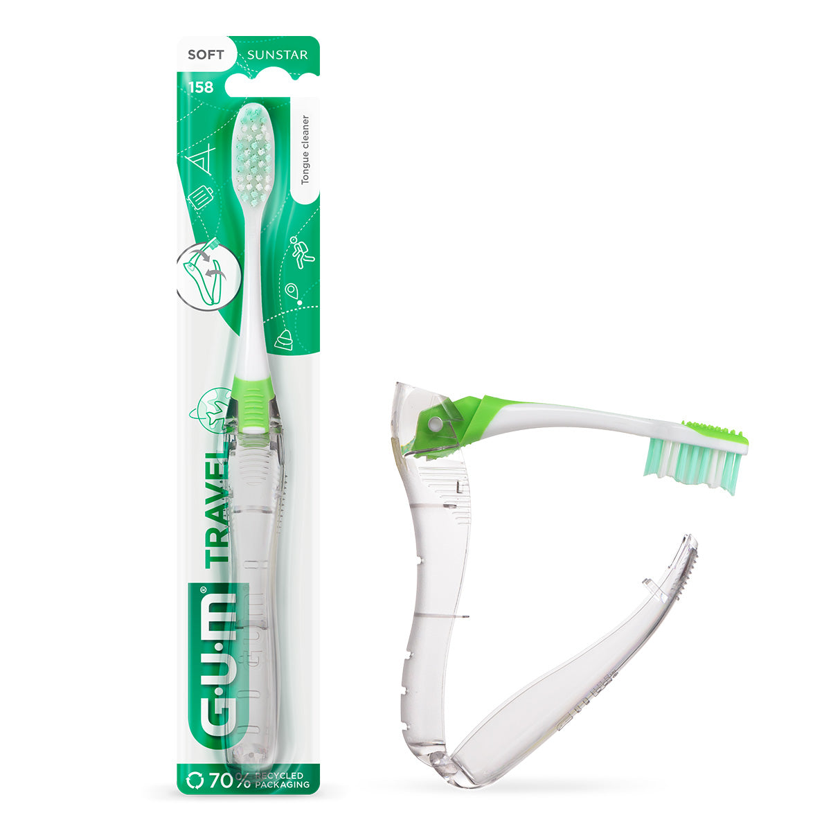 GUM Travel tandenborstel soft met opvouwbare beschermkap tegen groene achtergrond