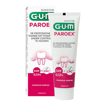 GUM Paroex tandpasta 0,12% chloorhexidine, doos en tube met CHX en CPC