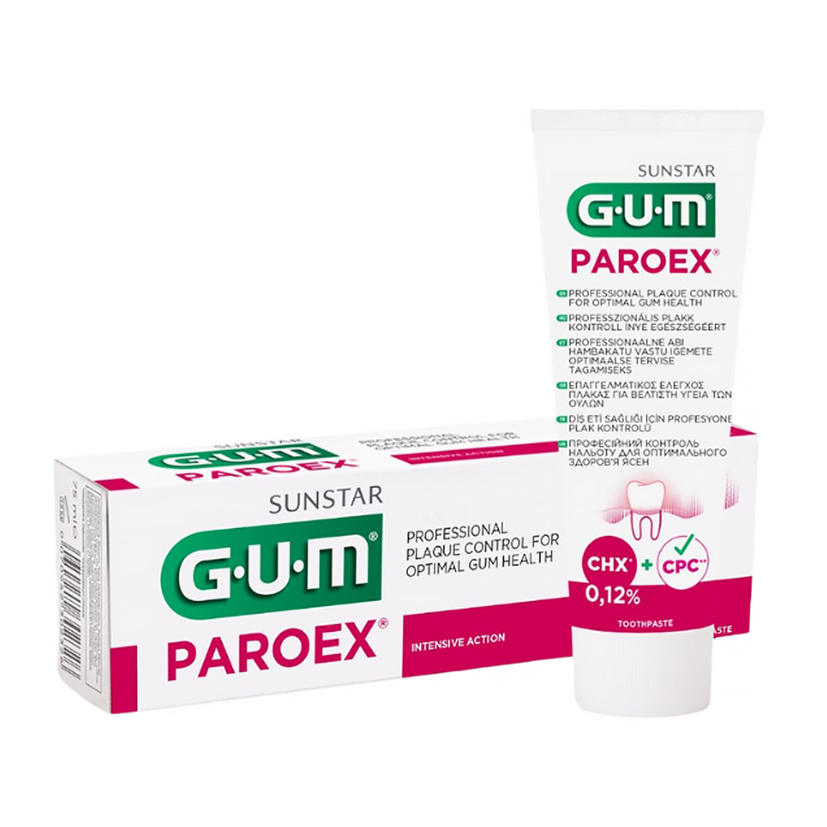 GUM Paroex tandpasta 0,12% chloorhexidine doosje en tube naast elkaar