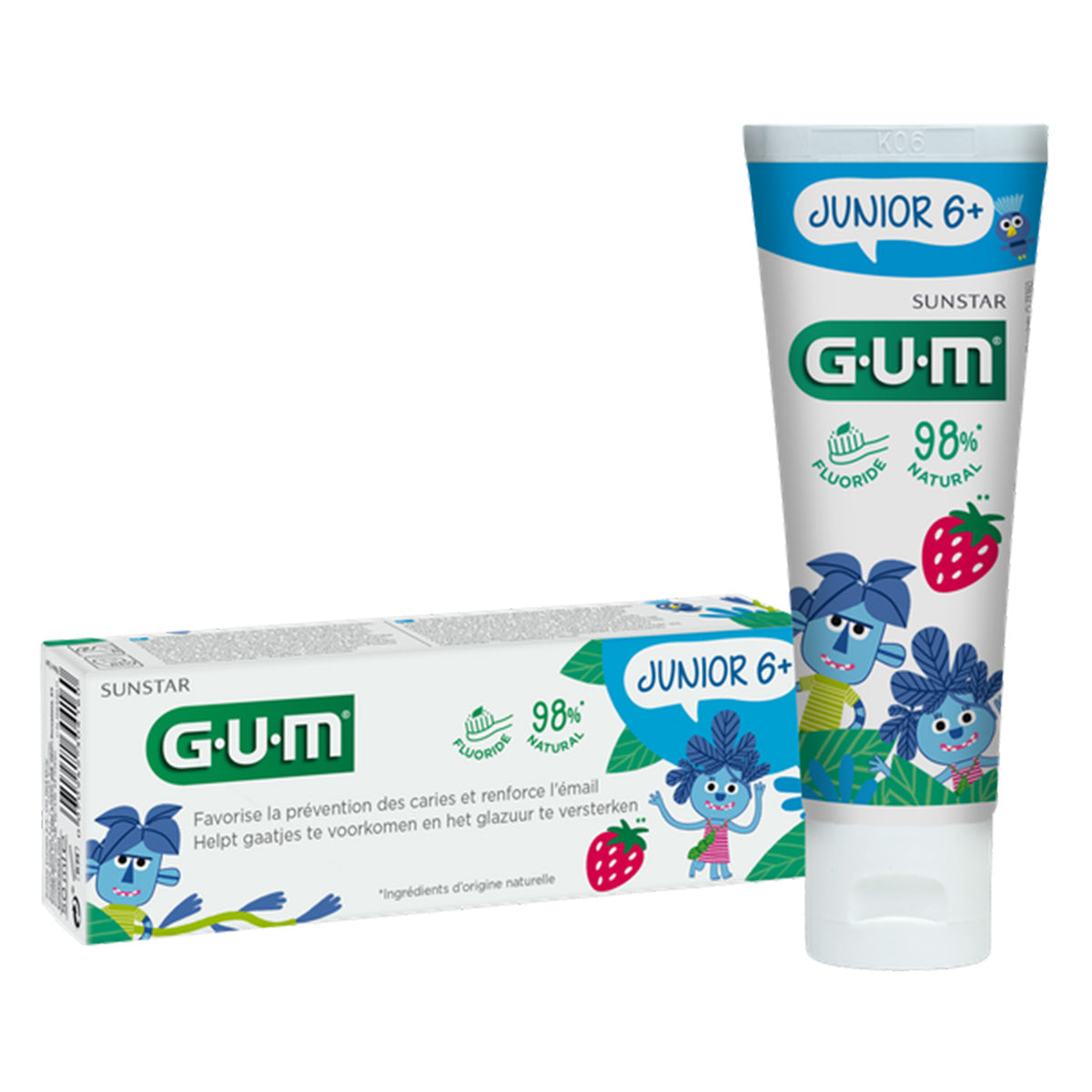 GUM Junior tandpasta 6+ jaar doos en tube naast elkaar met aardbeien