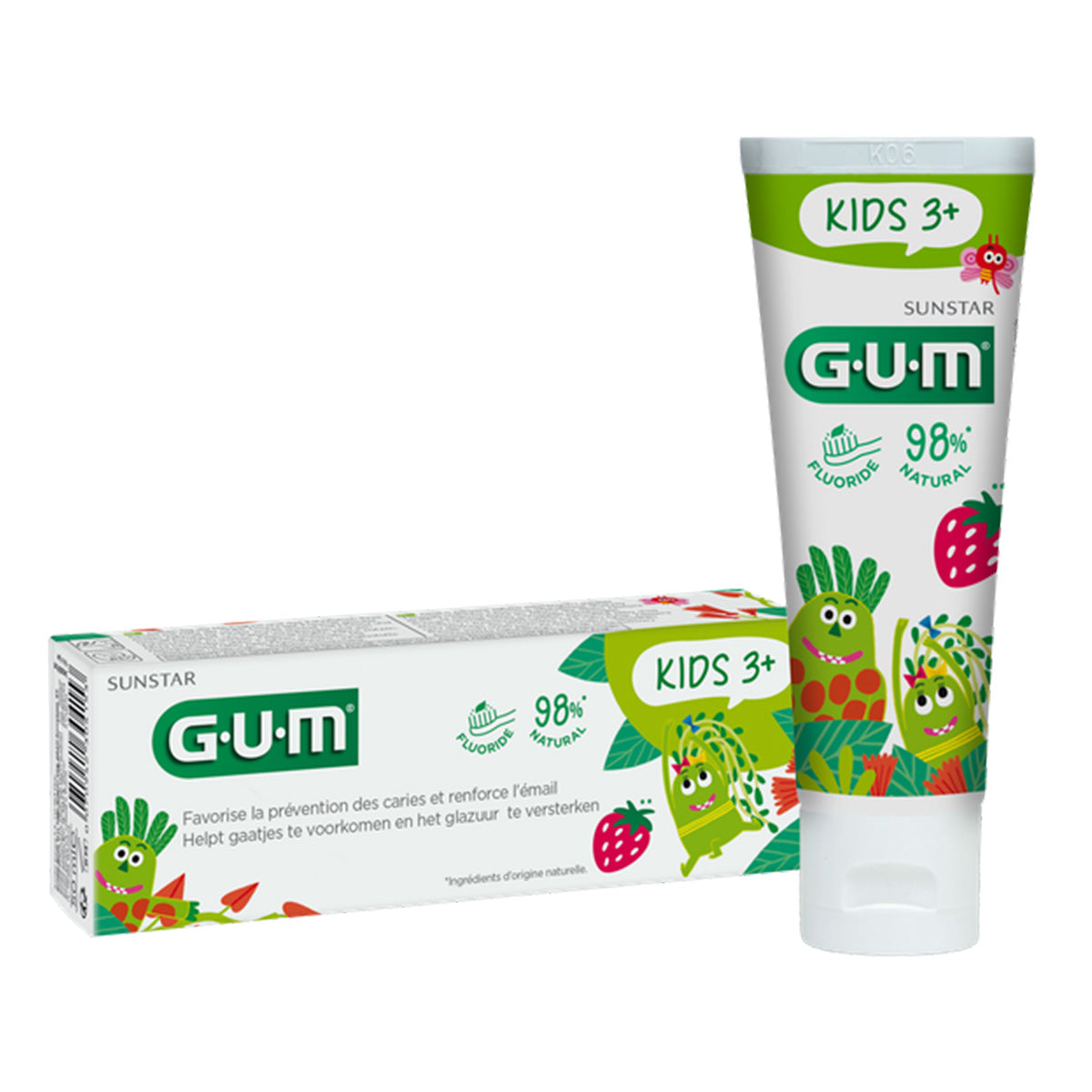 GUM Kids tandpasta 3+ jaar met verpakking en tube naast elkaar afgebeeld