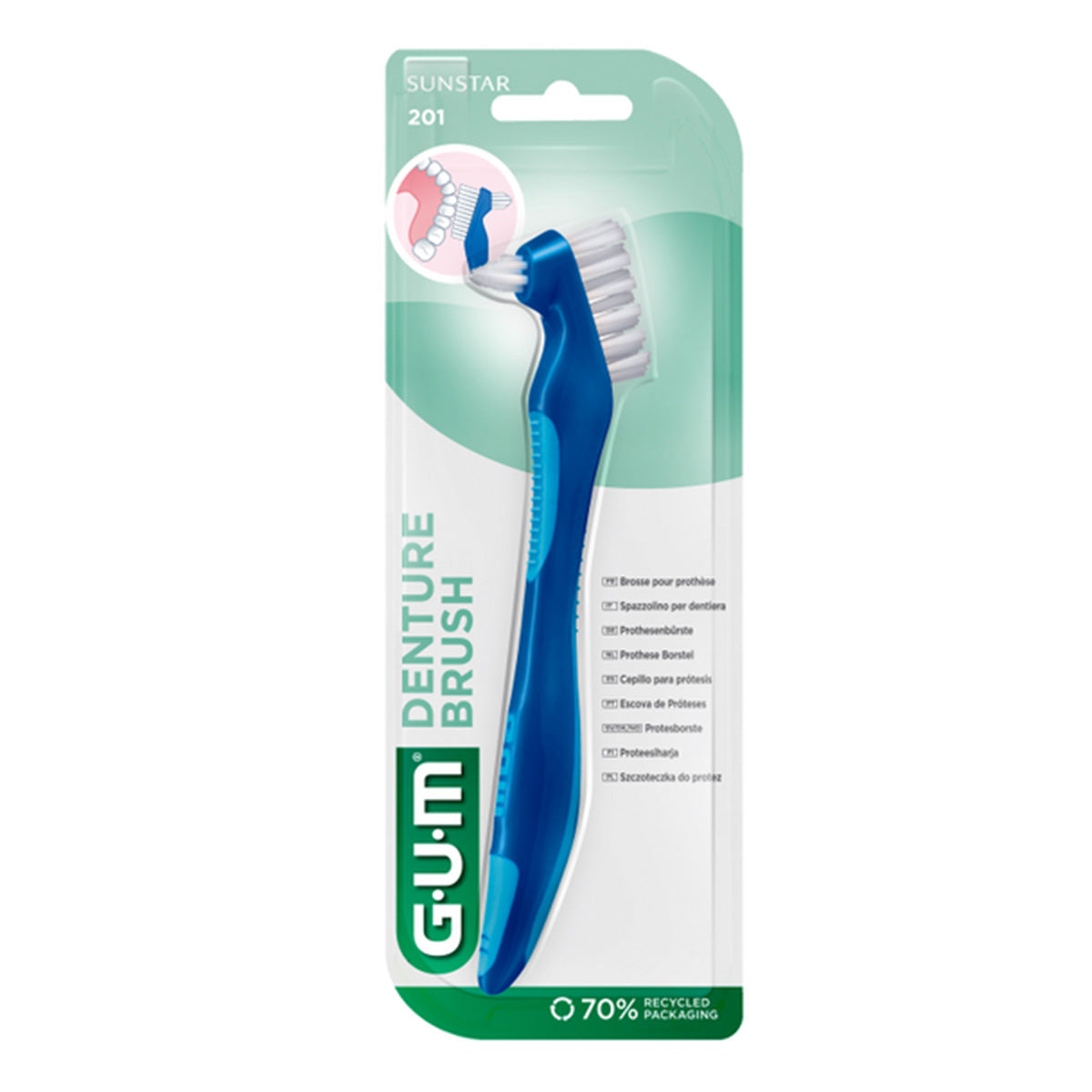 GUM Prothese tandenborstel blauw in verpakking met dubbele borstelkop
