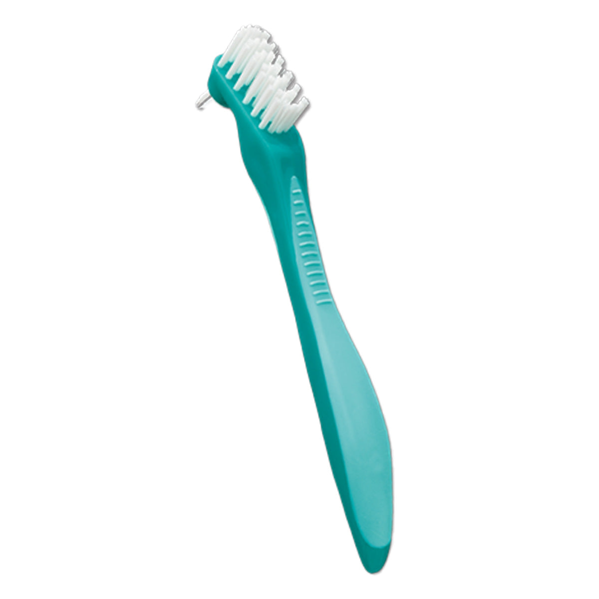 GUM Prothese tandenborstel turquoise met dubbele borstelkop in close-up