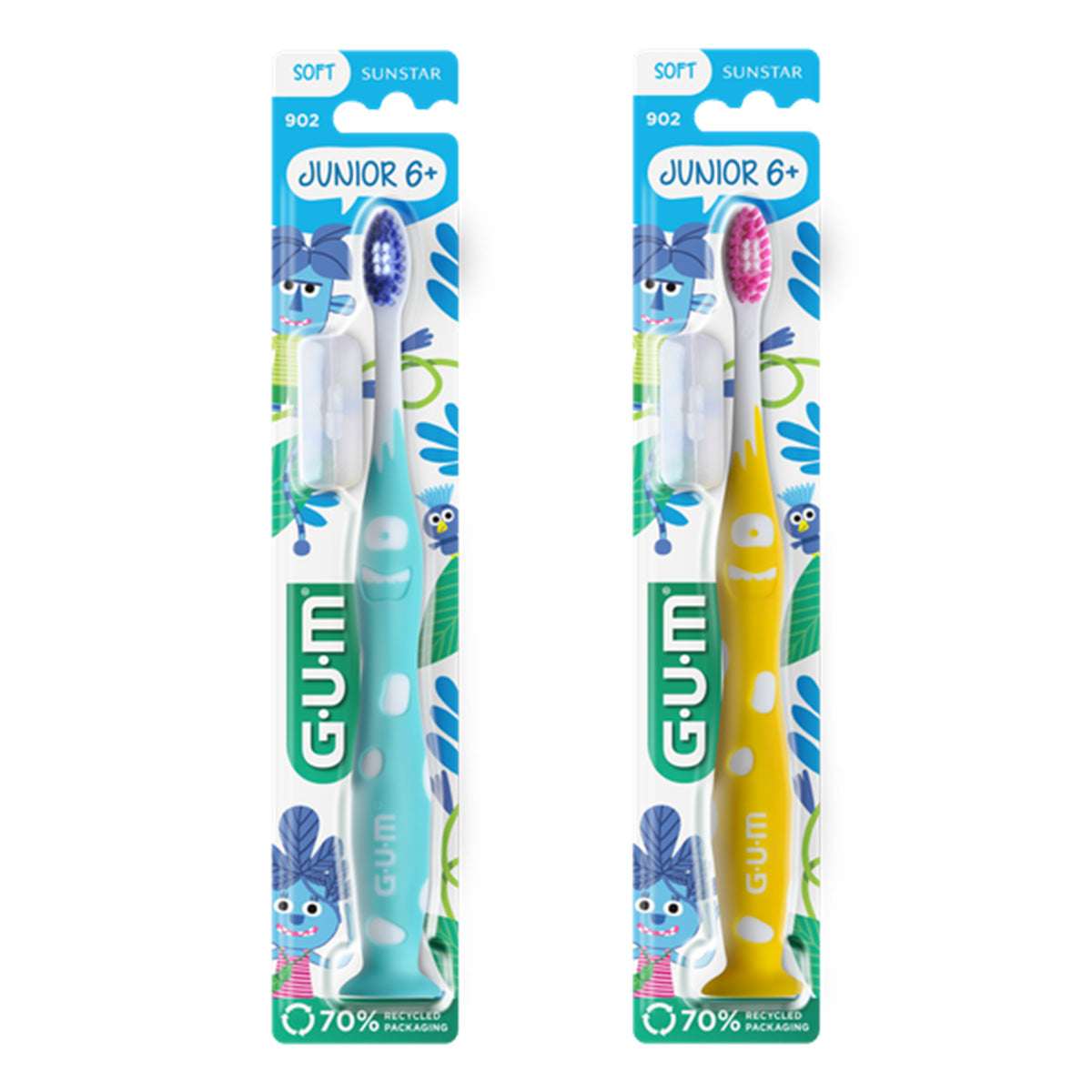 GUM Junior tandenborstel 7-9 jaar, soft, in blauwe en gele verpakking