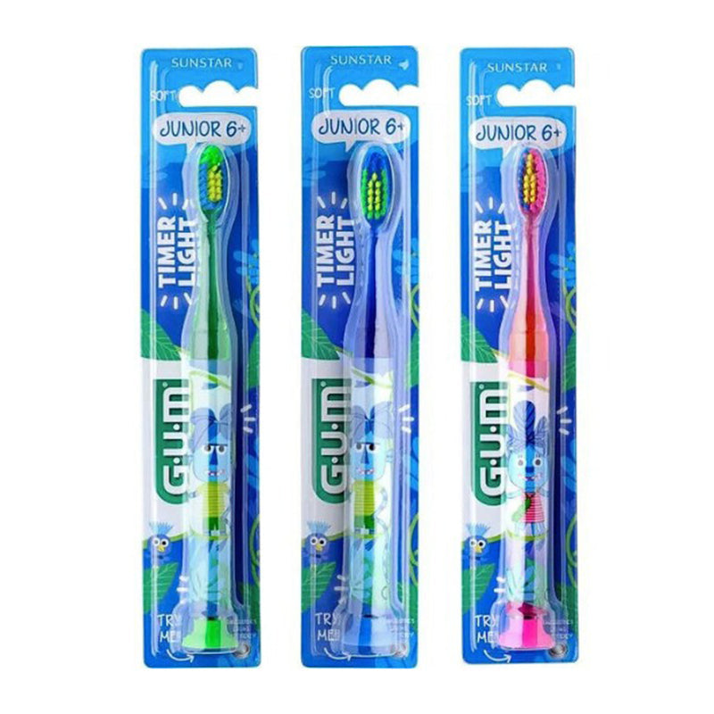 GUM Junior+Timer tandenborstel 7-9 jaar in groen, blauw en roze verpakking